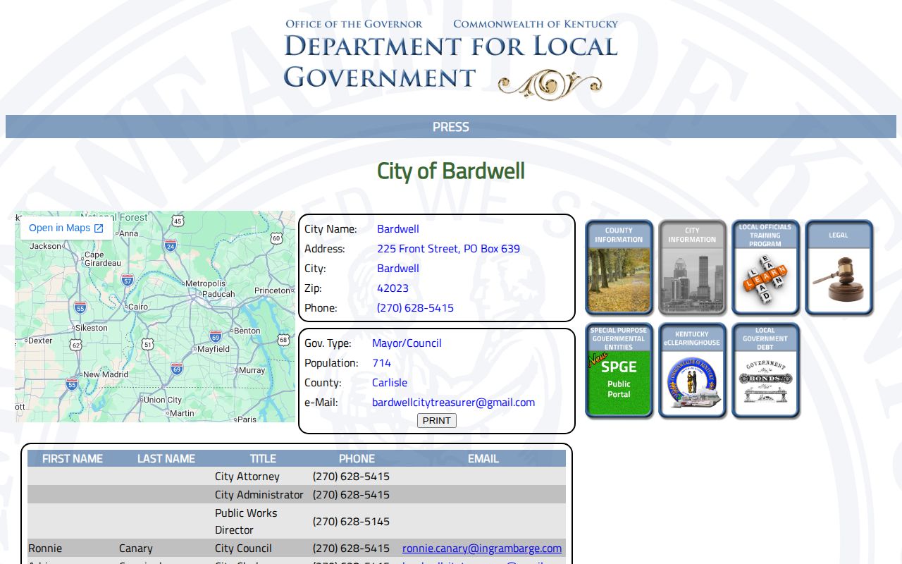 Kentucky Department for Local Government Bardwell city and police listing