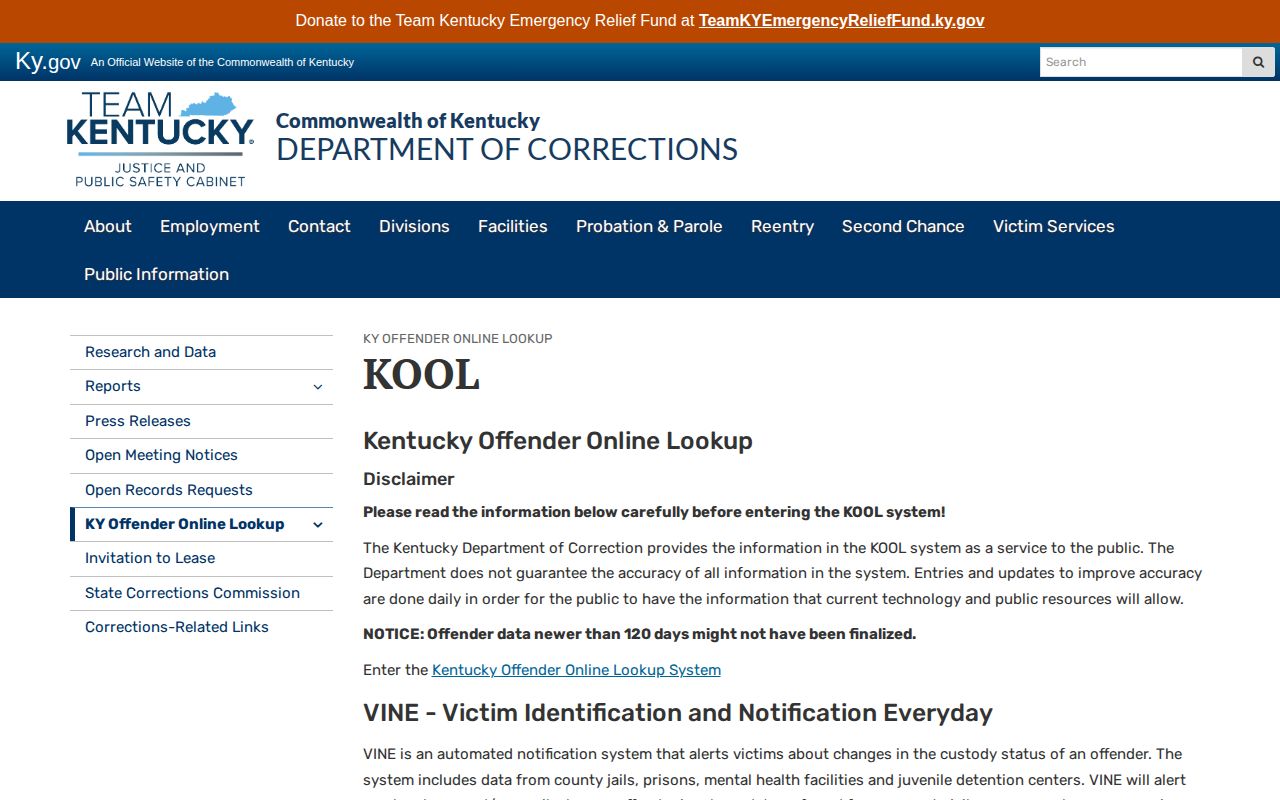 Kentucky DOC KOOL information page