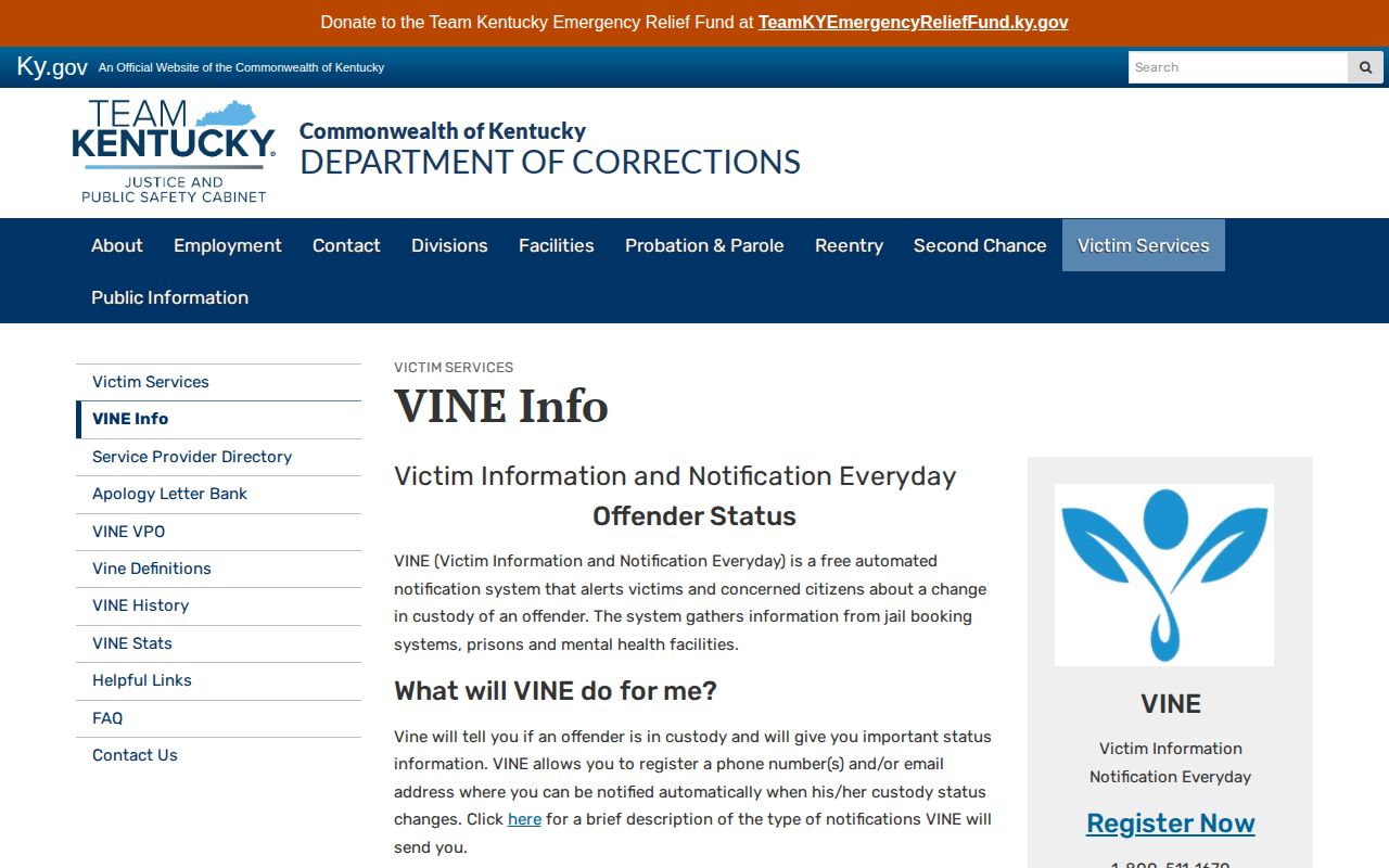 Kentucky DOC VINE custody alert information for Carlisle County users