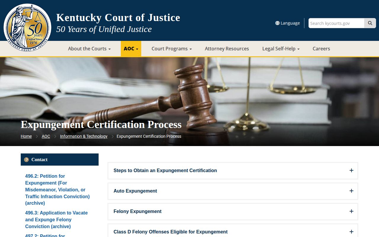 Kentucky Court of Justice expungement page