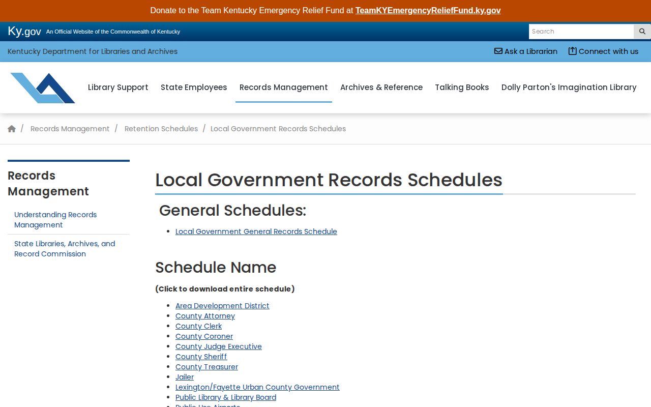 Kentucky local records retention schedules